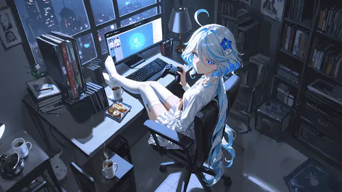 芙宁娜，桌面壁纸，书房。