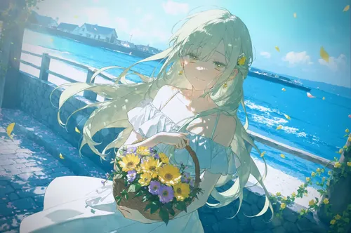 白发少女，花篮，桌面壁纸