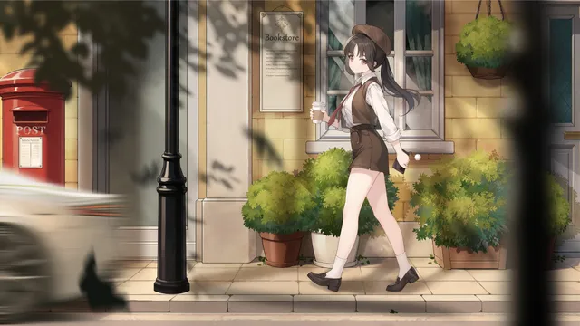 粉丝定制：午后街角，黑色长发少女，动态壁纸