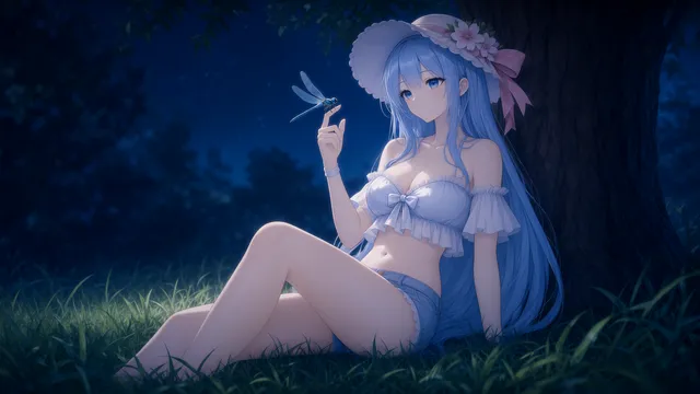 心灵链接，夏日夜晚，树下蓝发少女，粉丝定制动态壁纸